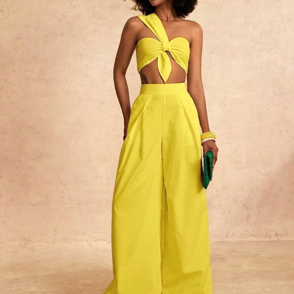 Yellow Elegant Women's Vacation One-Shoulder Chest Knot design crop top & pants - Picture 3 of 7